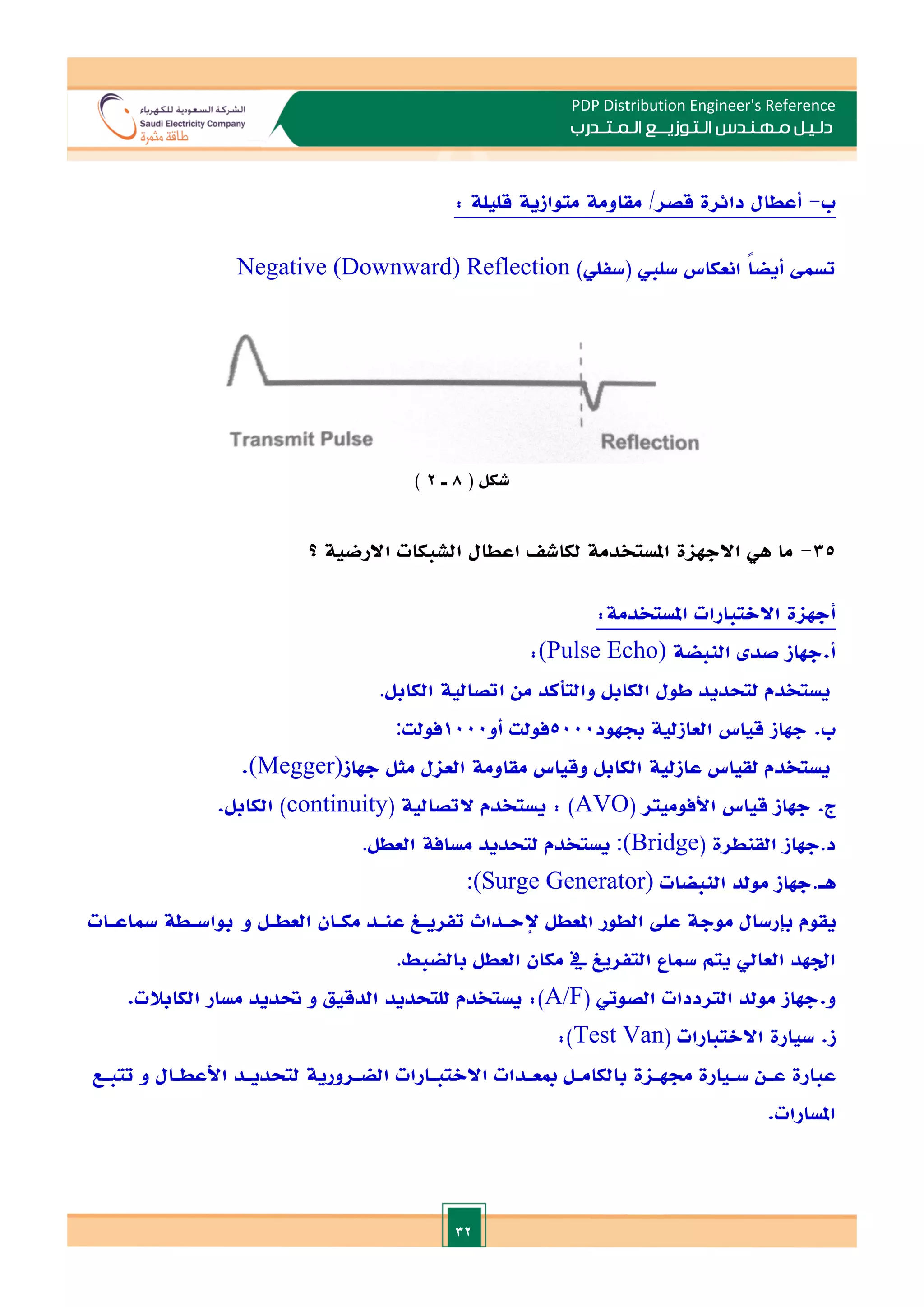 32
PDP Distribution Engineer's Reference
‫الـتـوزيـ‬ ‫مـهـنـدس‬ ‫دلـيـل‬
‫ــ‬
‫الـمـتـ‬ ‫ع‬
‫ـ‬
‫در‬
‫ب‬
‫ب‬
-
‫أعطال‬
‫دائرة‬
‫قصر‬
/
‫مقاومة‬
‫متوازية‬
‫قليلة‬
:
‫تسم‬
ً‫ا‬‫أيض‬
‫انعكاس‬
‫سلم‬
(
‫سفلي‬
)
Negative (Downward) Reflection
‫شكل‬
(
8
‫ـ‬
2
)
35
-
‫االرضية‬ ‫الشبكات‬ ‫اعطال‬ ‫لكاش‬ ‫املستخدمة‬ ‫االجهاة‬ ‫هي‬ ‫ما‬
‫؟‬
‫أجهاة‬
‫االالتبارات‬
‫املستخدمة‬
:
‫أ‬
.
‫جهاز‬
‫صد‬
‫النبضة‬
(Pulse Echo)
:
‫يستخدم‬
‫لتحديد‬
‫طول‬
‫الكابل‬
‫والتأكد‬
‫من‬
‫اتصالية‬
‫الكابل‬
.
‫ب‬
.
‫جه‬
‫از‬
‫قياس‬
‫العازلية‬
‫جبهود‬
5000
‫فولت‬
‫أو‬
1000
‫فولت‬
:
‫يستخدم‬
‫لقياس‬
‫عازلية‬
‫الكابل‬
‫وقياس‬
‫مقاومة‬
‫العال‬
‫مث‬
‫ل‬
‫جهاز‬
(Megger)
.
‫ج‬
.
‫جهاز‬
‫قياس‬
‫األفوميتر‬
(
AVO
: )
‫يستخدم‬
‫التصالية‬
(
continuity
)
‫الكابل‬
.
‫د‬
.
‫جهاز‬
‫القنطرة‬
(
:(Bridge
‫يستخدم‬
‫لتحديد‬
‫مسافة‬
‫العطل‬
.
‫هـ‬
.
‫جهاز‬
‫مولد‬
‫النبضات‬
:(Surge Generator)
‫يقوم‬
‫بإرسال‬
‫موجة‬
‫عل‬
‫الطور‬
‫املعطل‬
‫إلحـداث‬
‫تفريـغ‬
‫عنـد‬
‫مكـان‬
‫العطـل‬
‫و‬
‫بواسـطة‬
‫مساعـات‬
‫ادهد‬
‫العايل‬
‫يتم‬
‫مساع‬
‫التفريغ‬
‫يف‬
‫مكان‬
‫العطل‬
‫بالضبط‬
.
‫و‬
.
‫جهاز‬
‫مولد‬
‫الترددات‬
‫الصويت‬
(
A/F
:)
‫يستخدم‬
‫للتحديد‬
‫الدقيق‬
‫و‬
‫حتديد‬
‫مسار‬
‫الكابالت‬
.
‫ز‬
.
‫سيارة‬
‫االالتبارات‬
(
Test Van
:)
‫ع‬
‫بارة‬
‫عـن‬
‫سـيارة‬
‫جمهـاة‬
‫بالكامـل‬
‫مبعـدات‬
‫االالتبـارات‬
‫الضـرورية‬
‫لتحديـد‬
‫األعطـال‬
‫و‬
‫تتبـع‬
‫املسارات‬
.
 
