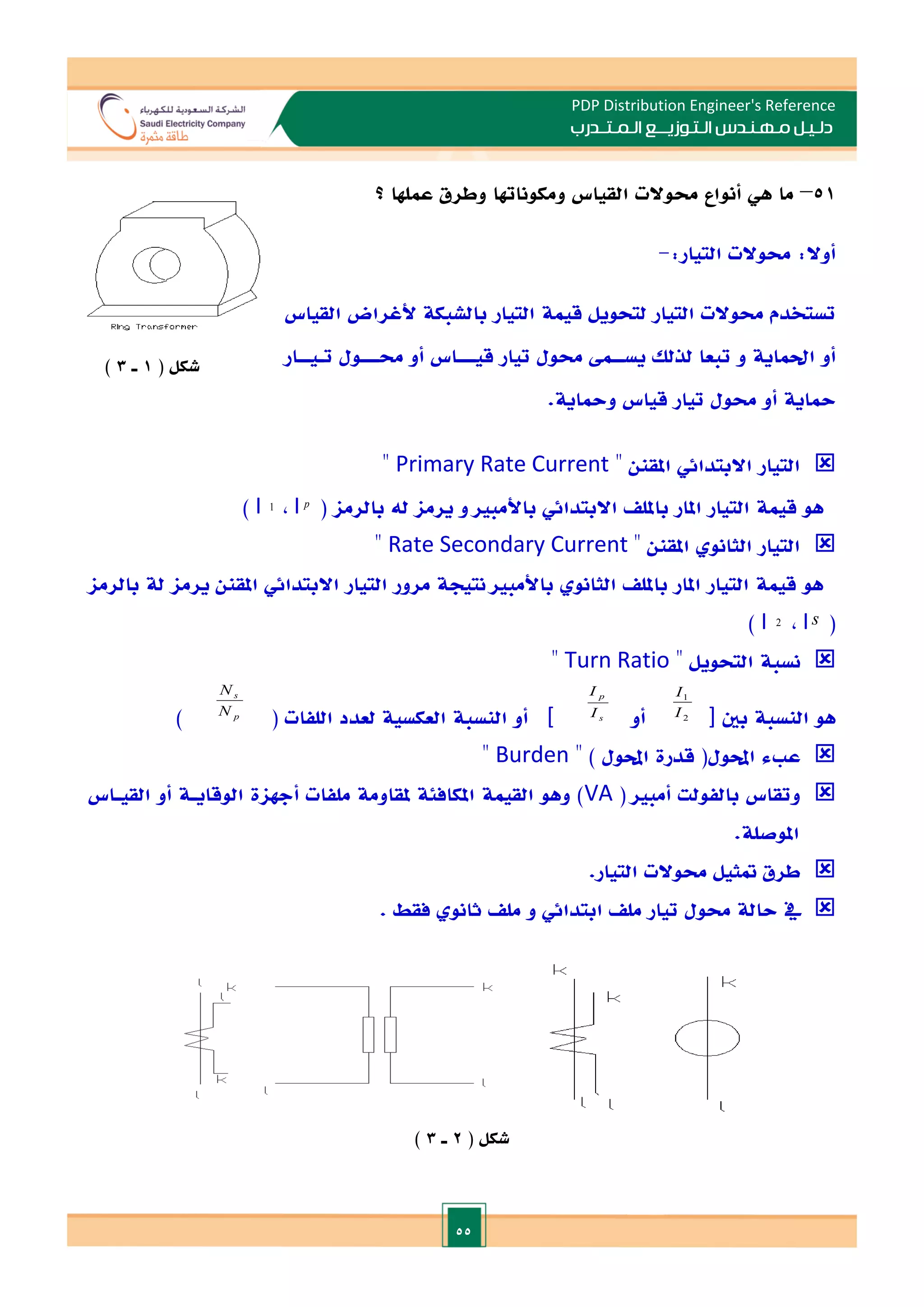55
PDP Distribution Engineer's Reference
‫الـتـوزيـ‬ ‫مـهـنـدس‬ ‫دلـيـل‬
‫ــ‬
‫الـمـتـ‬ ‫ع‬
‫ـ‬
‫در‬
‫ب‬
51
–
‫هي‬ ‫ما‬
‫أنواع‬
‫ومكونا‬ ‫القياس‬ ‫حموالت‬
‫؟‬ ‫عملها‬ ‫وطرق‬ ‫هتا‬
:‫التيار‬ ‫حموالت‬ :‫أوال‬
-
‫بالشبكة‬ ‫التيار‬ ‫قيمة‬ ‫لتحويل‬ ‫التيار‬ ‫حموالت‬ ‫تستخدم‬
‫القياس‬ ‫ألغراض‬
‫احل‬ ‫أو‬
‫ماية‬
‫يس‬ ‫لذلل‬ ‫تبعا‬ ‫و‬
‫ــ‬
‫ت‬ ‫حمـــول‬ ‫أو‬ ‫قيـــاس‬ ‫تيار‬ ‫حمول‬ ‫م‬
‫ـ‬
‫يــار‬
‫محاية‬
‫و‬ ‫قياس‬ ‫تيار‬ ‫حمول‬ ‫أو‬
‫محاية‬
.

‫ه‬ ‫املقنن‬ ‫االبتدائي‬ ‫التيار‬
Primary Rate Current
‫ه‬
‫ه‬
‫بامل‬ ‫املار‬ ‫التيار‬ ‫قيمة‬ ‫و‬
‫ل‬ ‫يرما‬ ‫و‬ ‫باألمبا‬ ‫االبتدائي‬ ‫ل‬
‫ه‬
‫بالرما‬
(
p
I
,
1
I
)

‫ه‬ ‫املقنن‬ ‫الثانو‬ ‫التيار‬
Rate Secondary Current
‫ه‬
‫يرما‬ ‫املقنن‬ ‫االبتدائي‬ ‫التيار‬ ‫مرور‬ ‫نتيجة‬ ‫باألمبا‬ ‫الثانو‬ ‫باملل‬ ‫املار‬ ‫التيار‬ ‫قيمة‬ ‫هو‬
‫بالرما‬ ‫لة‬
(
s
I
,
2
I
)

‫ه‬ ‫التحويل‬ ‫نسبة‬
Turn Ratio
‫ه‬
‫بني‬ ‫النسبة‬ ‫هو‬
]
2
1
I
I
‫أو‬
s
p
I
I
[
( ‫اللفات‬ ‫لعدد‬ ‫العكسية‬ ‫النسبة‬ ‫أو‬
p
s
N
N
)

‫ق‬ (‫احملول‬ ‫ء‬ ‫ع‬
‫ه‬ ) ‫احملول‬ ‫درة‬
Burden
‫ه‬

‫و‬
( ‫أمبا‬ ‫بالفولت‬ ‫تقاس‬
VA
‫القيـاس‬ ‫أو‬ ‫الوقايـة‬ ‫أجهاة‬ ‫ملفات‬ ‫ملقاومة‬ ‫املكافئة‬ ‫القيمة‬ ‫وهو‬ )
‫املوصلة‬
.

.‫التيار‬ ‫حموالت‬ ‫متثيل‬ ‫طرق‬

. ‫فقط‬ ‫ثانو‬ ‫مل‬ ‫و‬ ‫ابتدائي‬ ‫مل‬ ‫تيار‬ ‫حمول‬ ‫حالة‬ ‫يف‬
( ‫شكل‬
2
‫ـ‬
3
)
( ‫شكل‬
1
‫ـ‬
3
)
 