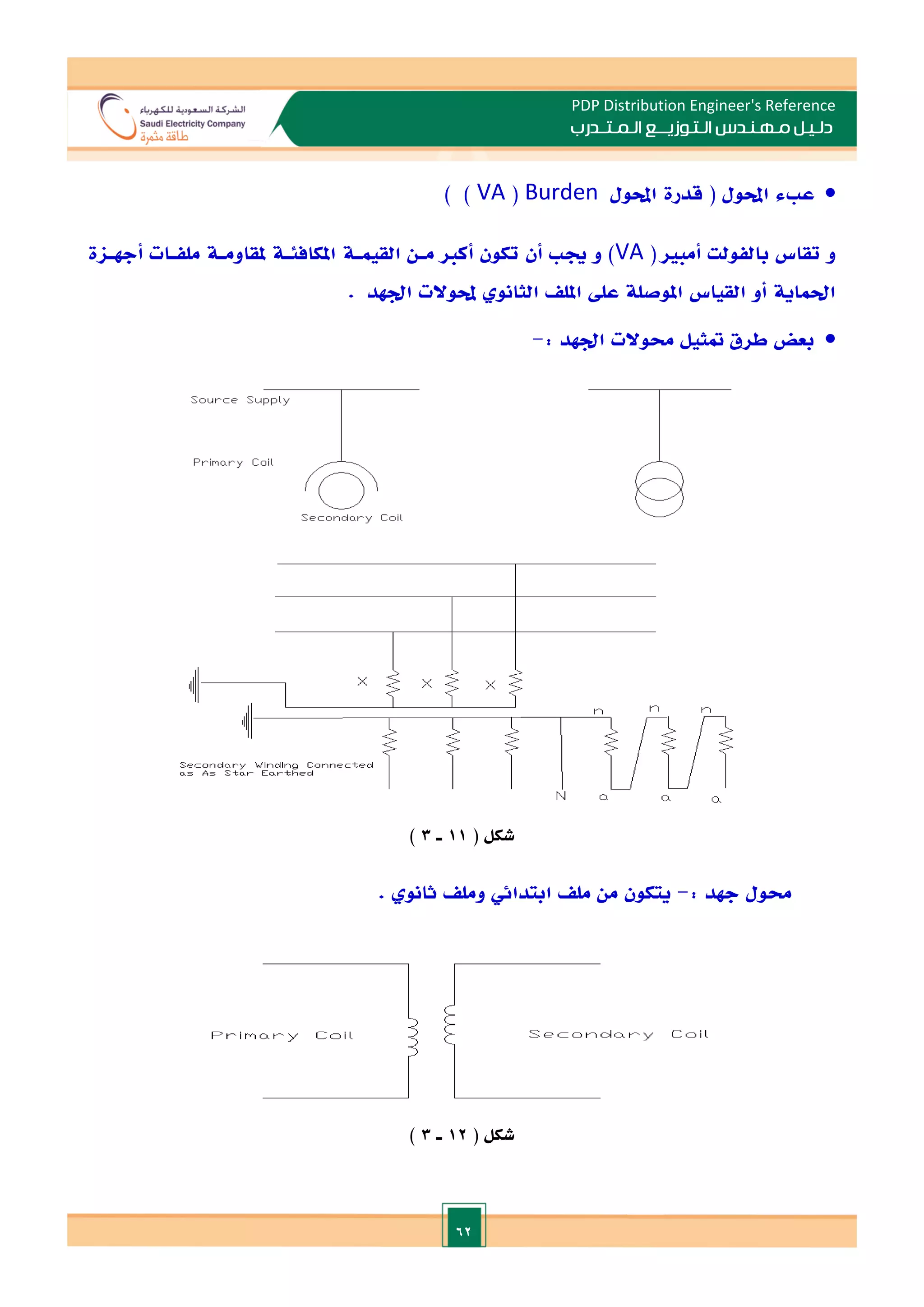 62
PDP Distribution Engineer's Reference
‫الـتـوزيـ‬ ‫مـهـنـدس‬ ‫دلـيـل‬
‫ــ‬
‫الـمـتـ‬ ‫ع‬
‫ـ‬
‫در‬
‫ب‬

‫احملول‬ ‫قدرة‬ ( ‫احملول‬ ‫ء‬ ‫ع‬
Burden
(
VA
) )
( ‫أمبا‬ ‫بالفولت‬ ‫تقاس‬ ‫و‬
VA
)
‫القيمـة‬ ‫مـن‬ ‫أكا‬ ‫تكون‬ ‫أن‬ ‫جي‬ ‫و‬
‫أجهـاة‬ ‫ملفـات‬ ‫ملقاومـة‬ ‫املكافئـة‬
‫احلماية‬
. ‫ادهد‬ ‫حملوالت‬ ‫الثانو‬ ‫املل‬ ‫عل‬ ‫املوصلة‬ ‫القياس‬ ‫أو‬

‫بعض‬
: ‫ادهد‬ ‫حموالت‬ ‫متثيل‬ ‫طرق‬
-
( ‫شكل‬
11
‫ـ‬
3
)
‫جهد‬ ‫حمول‬
:
-
. ‫ثانو‬ ‫ومل‬ ‫ابتدائي‬ ‫مل‬ ‫من‬ ‫يتكون‬
( ‫شكل‬
12
‫ـ‬
3
)
 