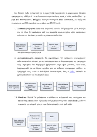 58
Στο Ιntrenet radio οι τεχνικοί και οι εκφωνητές δημιουργούν τα μεμονωμένα στοιχεία
προγράμματος, αλλά μετά ένα πρόγραμμα αυτοματοποίησης, όπως ο Jazler, αναλαμβάνει την
μίξη του προγράμματος. Υπάρχουν διάφορα συστήματα radio automation, με τιμές που
κυμαίνονται από 300 ευρώ έως και σε πάνω από 15.000 ευρώ.
1. Ζωντανό πρόγραμμα: αυτό είναι το γνωστό μοντέλο του ραδοφώνου με τη διαφορά
ότι το σήμα δεν εκπέμπεται από τους πομπούς αλλά οδηγείται μέσω κατάλληλου
software και hardware μεταδίδεται μέσω του διαδικτύου.
Αυτοματοποιημένη παραγωγή
2. Αυτοματοποιημένη παραγωγή: Τα περισσότερα FM ραδιόφωνα χρησιμοποιούν
radio automation software για να οργανώσουν και να δημιουργήσουν το πρόγραμμά
τους. Ηχολήπτες και παραγωγοί ηχογραφούν μικρά spot (μουσικά, voice-overs,
διαφημιστικά) και με λίστες αρχείων που το software χρησιμοποιεί παίζουν το
πρόγραμμά τους. Αυτά τα συστήματα αυτοματισμού, όπως ο Jazler, μπορούν να
χρησιμοποιηθούν και στα Ιnternet radio.
2.1. Simulcast: Πολλά FM ραδιόφωνα μεταδίδουν το πρόγραμμά τους ταυτόχρονα και
στο Ιnternet. Παρόλο που τεχνικά το είδος αυτό δεν θεωρείται Ιnternet radio, ωστόσο
η εμπειρία του τελικού χρήστη είναι όμοια με εκείνη ενός web radio.
 