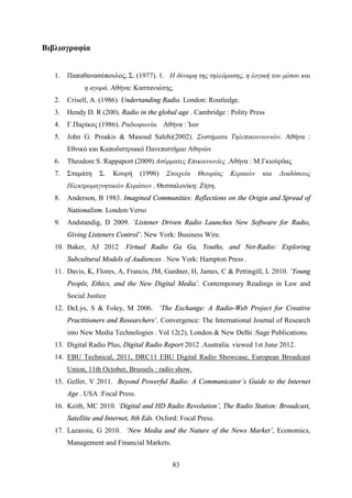 83
Βιβλιογραφία
1. Παπαθανασόπουλος, Σ. (1977). 1. Η δύναμη της τηλεόρασης, η λογική του μέσου και
η αγορά. Αθήνα: Καστανιώτης.
2. Crisell, Α. (1986). Undertanding Radio. London: Routledge.
3. Hendy D. R (200). Radio in the global age . Cambridge : Polity Press
4. Γ.Παρίκος (1986). Ραδιοφωνία. Αθήνα : Ίων
5. John G. Proakis & Masoud Salehi(2002). Συστήματα Τηλεπικοινωνιών. Αθήνα :
Εθνικό και Καποδιστριακό Πανεπιστήμιο Αθηνών
6. Theodore S. Rappaport (2009) Ασύρματες Επικοινωνίες .Αθήνα : Μ.Γκιούρδας
7. Σταμάτη Σ. Κουρή (1996) Στοιχεία Θεωρίας Κεραιών και Διαδόσεως
Ηλεκτρομαγνητικών Κυμάτων . Θεσσαλονίκη: Ζήτη.
8. Anderson, B 1983. Imagined Communities: Reflections on the Origin and Spread of
Nationalism. London:Verso
9. Andstandig, D 2009. ‘Listener Driven Radio Launches New Software for Radio,
Giving Listeners Control’. New York: Business Wire.
10. Baker, AJ 2012 .Virtual Radio Ga Ga, Youths, and Net-Radio: Exploring
Subcultural Models of Audiences . New York: Hampton Press .
11. Davis, K, Flores, A, Francis, JM, Gardner, H, James, C & Pettingill, L 2010. ‘Young
People, Ethics, and the New Digital Media’. Contemporary Readings in Law and
Social Justice
12. DeLys, S & Foley, M 2006. ‘The Exchange: A Radio-Web Project for Creative
Practitioners and Researchers’. Convergence: The International Journal of Research
into New Media Technologies . Vol 12(2), London & New Delhi :Sage Publications.
13. Digital Radio Plus, Digital Radio Report 2012 .Australia. viewed 1st June 2012.
14. EBU Technical, 2011, DRC11 EBU Digital Radio Showcase, European Broadcast
Union, 11th October, Brussels : radio show.
15. Geller, V 2011. Beyond Powerful Radio: A Communicator’s Guide to the Internet
Age . USA :Focal Press.
16. Keith, MC 2010. ‘Digital and HD Radio Revolution’, The Radio Station: Broadcast,
Satellite and Internet, 8th Eds. Oxford: Focal Press.
17. Lazaroiu, G 2010. ‘New Media and the Nature of the News Market’, Economics,
Management and Financial Markets.
 