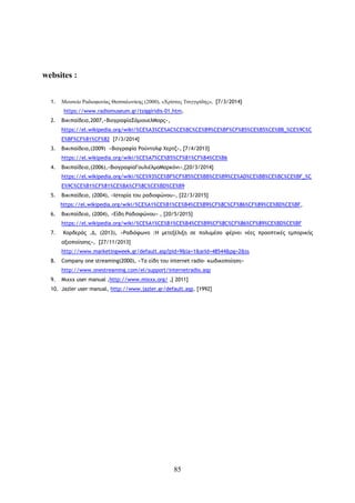 85
websites :
1. Μουσείο Ραδιοφωνίας Θεσσαλονίκης (2000), «Χρίστος Τσιγγιρίδης», [7/3/2014]
https://www.radiomuseum.gr/tsiggiridis-01.htm,
2. Βικιπαίδεια,2007,«ΒιογραφίαΣάμιουελΜορς»,
https://el.wikipedia.org/wiki/%CE%A3%CE%AC%CE%BC%CE%B9%CE%BF%CF%85%CE%B5%CE%BB_%CE%9C%C
E%BF%CF%81%CF%82 [7/3/2014]
3. Βικιπαίδεια,(2009) «Βιογραφία Ρούντολφ Χερτζ», [7/4/2013]
https://el.wikipedia.org/wiki/%CE%A7%CE%B5%CF%81%CF%84%CE%B6
4. Βικιπαίδεια,(2006),«ΒιογραφίαΓουλιέλμοΜαρκόνι»,[20/3/2014]
https://el.wikipedia.org/wiki/%CE%93%CE%BF%CF%85%CE%BB%CE%B9%CE%AD%CE%BB%CE%BC%CE%BF_%C
E%9C%CE%B1%CF%81%CE%BA%CF%8C%CE%BD%CE%B9
5. Βικιπαίδεια, (2004), «Ιστορία του ραδιοφώνου», [22/3/2015]
https://el.wikipedia.org/wiki/%CE%A1%CE%B1%CE%B4%CE%B9%CF%8C%CF%86%CF%89%CE%BD%CE%BF,
6. Βικιπαίδεια, (2004), «Είδη Ραδιοφώνου» , [20/5/2015]
https://el.wikipedia.org/wiki/%CE%A1%CE%B1%CE%B4%CE%B9%CF%8C%CF%86%CF%89%CE%BD%CE%BF
7. Κορδεράς .Δ, (2013), «Ραδιόφωνο :Η μετεξέλιξη σε πολυμέσο φέρνει νέες προοπτικές εμπορικής
αξιοποίησης», [27/11/2013]
http://www.marketingweek.gr/default.asp?pid=9&la=1&arId=48544&pg=2&ss
8. Company one streaming(2000), «Τα είδη του internet radio- κωδικοποίηση»
http://www.onestreaming.com/el/support/internetradio.asp
9. Μιχχχ user manual ,http://www.mixxx.org/ ,[ 2011]
10. Jazler user manual, http://www.jazler.gr/default.asp, [1992]
 