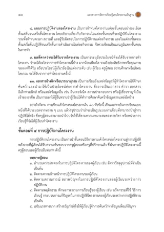 10 แนวทางการจัดการเรียนรู้แบบโครงงานเป็นฐาน
8. แผนการปฏิบัติงานของโครงงาน เป็นการกาหนดโครงงานแต่ละขั้นตอนอย่างละเอียด
ตั้งแต่ต้นจนเสร็จสิ้นโครงงาน โดยอธิบายเกี่ยวกับกิจกรรมในแต่ละขั้นตอนที่จะปฏิบัติในโครงงาน
รวมทั้งกาหนดเวลา สถานที่ และผู้รับผิดชอบในการปฏิบัติงานแต่ละกิจกรรม และในแต่ละขั้นตอน
ตั้งแต่เริ่มต้นปฏิบัติจนเสร็จสิ้นการดาเนินงานในต่ละกิจกรรม จึงควรเขียนเป็นแผนภูมิแสดงขั้นตอน
ในการทา
9. ผลที่คาดว่าจะได้รับจากโครงงาน เป็นการระบุถึงประโยชน์ที่จะได้รับจากการทา
โครงงาน ว่าจะได้อะไรจากการทาโครงงานนี้บ้าง มากน้อยเพียงใด รวมถึงประสิทธิภาพหรือคุณภาพ
ของผลที่ได้รับ หรือประโยชน์ผู้เกี่ยวข้องในแต่ละระดับ เช่น ผู้เรียน ครูผู้สอน สถานศึกษาหรือสังคม
โดยรวม จะได้รับจากการทาโครงงานครั้งนี้
10. เอกสารอ้างอิงหรือบรรณานุกรม เป็นการเขียนถึงแหล่งข้อมูลที่ผู้ทาโครงงานใช้ศึกษา
ค้นคว้าและนามาใช้เป็นประโยชน์ต่อการทาโครงงาน ซึ่งอาจเป็นเอกสาร ตารา เอกสาร
อิเล็กทรอนิกส์ หรือแหล่งข้อมูลอื่น เช่น อินเทอร์เน็ต สถานประกอบการ หรือผู้เชี่ยวชาญที่เป็น
เจ้าของอาชีพ เป็นการบอกให้ผู้อื่นทราบว่าผู้เรียนได้ทาการศึกษาค้นคว้าข้อมูลจากแหล่งใดบ้าง
อย่างไรก็ตาม การเขียนเค้าโครงของโครงงานใน 10 หัวข้อนี้ เป็นแนวทางในการเขียนแบบ
หนึ่งที่ได้ประมวลจากหลาย ๆ แบบ แล้วสรุปรวมว่าน่าจะเป็นรูปแบบการเขียนที่สามารถนาสู่การ
ปฏิบัติได้จริง ซึ่งครูผู้สอนสามารถนาไปปรับใช้ได้ตามความเหมาะสมของรายวิชา หรือหน่วยการ
เรียนรู้ที่จัดให้ผู้เรียนทาโครงงาน
ขั้นตอนที่ 4 การปฏิบัติงานโครงงาน
การปฏิบัติงานโครงงาน เป็นการนาขั้นตอนวิธีการตามเค้าโครงของโครงงานสู่การปฏิบัติ
หลังจากที่ผู้เรียนได้รับความเห็นชอบจากครูผู้สอนหรือครูที่ปรึกษาแล้ว ซึ่งในการปฏิบัติโครงงานนี้
ครูผู้สอนและผู้เรียนมีบทบาท ดังนี้
บทบาทผู้สอน
1. อานวยความสะดวกในการปฏิบัติโครงงานของผู้เรียน เช่น จัดหาวัสดุอุปกรณ์ที่จาเป็น
เป็นต้น
2. ติดตามความก้าวหน้าการปฏิบัติโครงงานของผู้เรียน
3. ติดตามสถานการณ์ สภาพปัญหาในการปฏิบัติโครงงานของผู้เรียนระหว่างการ
ปฏิบัติงาน
4. ติดตามพฤติกรรม ทักษะกระบวนการเรียนรู้ของผู้เรียน เช่น นวัตกรรมที่ใช้ วิธีการ
เรียนรู้ กระบวนการแก้ปัญหาในการปฏิบัติโครงงานของผู้เรียนระหว่างการปฏิบัติงาน
เป็นต้น
5. เสริมแรงทางบวก สร้างขวัญกาลังใจให้ผู้เรียนรู้จักการค้นคว้าหาข้อมูลเพื่อแก้ปัญหา
 