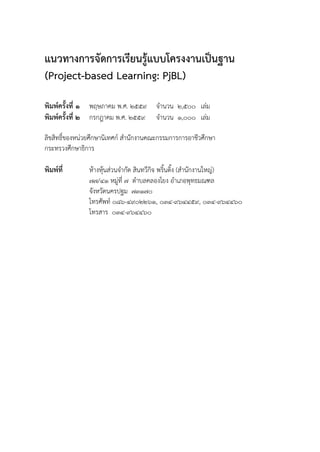 แนวทางการจัดการเรียนรู้แบบโครงงานเป็นฐาน
(Project-based Learning: PjBL)
พิมพ์ครั้งที่ 1 พฤษภาคม พ.ศ. 2559 จานวน 2,500 เล่ม
พิมพ์ครั้งที่ 2 กรกฎาคม พ.ศ. 2559 จานวน ๑,๐00 เล่ม
ลิขสิทธิ์ของหน่วยศึกษานิเทศก์ สานักงานคณะกรรมการการอาชีวศึกษา
กระทรวงศึกษาธิการ
พิมพ์ที่ ห้างหุ้นส่วนจากัด สินทวีกิจ พริ้นติ้ง (สานักงานใหญ่)
77/41 หมู่ที่ 7 ตาบลคลองโยง อาเภอพุทธมณฑล
จังหวัดนครปฐม 73170
โทรศัพท์ 086-4902261, 034-964459, 034-964460
โทรสาร 034-964460
 