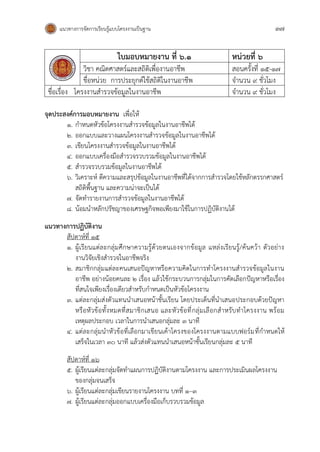 แนวทางการจัดการเรียนรู้แบบโครงงานเป็นฐาน 37
ใบมอบหมายงาน ที่ ๖.๑ หน่วยที่ 6
วิชา คณิตศาสตร์และสถิติเพื่องานอาชีพ สอนครั้งที่ 15-17
ชื่อหน่วย การประยุกต์ใช้สถิติในงานอาชีพ จานวน 9 ชั่วโมง
ชื่อเรื่อง โครงงานสารวจข้อมูลในงานอาชีพ จานวน 9 ชั่วโมง
จุดประสงค์การมอบหมายงาน เพื่อให้
1. กาหนดหัวข้อโครงงานสารวจข้อมูลในงานอาชีพได้
๒. ออกแบบและวางแผนโครงงานสารวจข้อมูลในงานอาชีพได้
๓. เขียนโครงงานสารวจข้อมูลในงานอาชีพได้
๔. ออกแบบเครื่องมือสารวจรวบรวมข้อมูลในงานอาชีพได้
๕. สารวจรวบรวมข้อมูลในงานอาชีพได้
๖. วิเคราะห์ ตีความและสรุปข้อมูลในงานอาชีพที่ได้จากการสารวจโดยใช้หลักตรรกศาสตร์
สถิติพื้นฐาน และความน่าจะเป็นได้
๗. จัดทารายงานการสารวจข้อมูลในงานอาชีพได้
๘. น้อมนาหลักปรัชญาของเศรษฐกิจพอเพียงมาใช้ในการปฏิบัติงานได้
แนวทางการปฏิบัติงาน
สัปดาห์ที่ 15
1. ผู้เรียนแต่ละกลุ่มศึกษาความรู้ด้วยตนเองจากข้อมูล แหล่งเรียนรู้/ค้นคว้า ตัวอย่าง
งานวิจัยเชิงสารวจในอาชีพจริง
2. สมาชิกกลุ่มแต่ละคนเสนอปัญหาหรือความคิดในการทาโครงงานสารวจข้อมูลในงาน
อาชีพ อย่างน้อยคนละ 2 เรื่อง แล้วใช้กระบวนการกลุ่มในการคัดเลือกปัญหาหรือเรื่อง
ที่สนใจเพียงเรื่องเดียวสาหรับกาหนดเป็นหัวข้อโครงงาน
3. แต่ละกลุ่มส่งตัวแทนนาเสนอหน้าชั้นเรียน โดยประเด็นที่นาเสนอประกอบด้วยปัญหา
หรือหัวข้อทั้งหมดที่สมาชิกเสนอ และหัวข้อที่กลุ่มเลือกสาหรับทาโครงงาน พร้อม
เหตุผลประกอบ เวลาในการนาเสนอกลุ่มละ ๓ นาที
4. แต่ละกลุ่มนาหัวข้อที่เลือกมาเขียนเค้าโครงของโครงงานตามแบบฟอร์มที่กาหนดให้
เสร็จในเวลา ๓๐ นาที แล้วส่งตัวแทนนาเสนอหน้าชั้นเรียนกลุ่มละ ๕ นาที
สัปดาห์ที่ 16
5. ผู้เรียนแต่ละกลุ่มจัดทาแผนการปฏิบัติงานตามโครงงาน และการประเมินผลโครงงาน
ของกลุ่มจนเสร็จ
6. ผู้เรียนแต่ละกลุ่มเขียนรายงานโครงงาน บทที่ 1–3
7. ผู้เรียนแต่ละกลุ่มออกแบบเครื่องมือเก็บรวบรวมข้อมูล
 