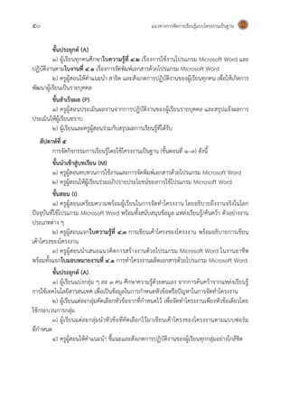 50 แนวทางการจัดการเรียนรู้แบบโครงงานเป็นฐาน
ขั้นประยุกต์ (A)
1) ผู้เรียนทุกคนศึกษาใบความรู้ที่ 4.2 เรื่องการใช้งานโปรแกรม Microsoft Word และ
ปฏิบัติงานตามใบงานที่ 4.1 เรื่องการจัดพิมพ์เอกสารด้วยโปรแกรม Microsoft Word
2) ครูผู้สอนให้คาแนะนา สาธิต และสังเกตการปฏิบัติงานของผู้เรียนทุกคน เพื่อให้เกิดการ
พัฒนาผู้เรียนเป็นรายบุคคล
ขั้นสาเร็จผล (P)
1) ครูผู้สอนประเมินผลงานจากการปฏิบัติงานของผู้เรียนรายบุคคล และสรุปแจ้งผลการ
ประเมินให้ผู้เรียนทราบ
2) ผู้เรียนและครูผู้สอนร่วมกับสรุปผลการเรียนรู้ที่ได้รับ
สัปดาห์ที่ 5
การจัดกิจกรรมการเรียนรู้โดยใช้โครงงานเป็นฐาน (ขั้นตอนที่ 1–3) ดังนี้
ขั้นนาเข้าสู่บทเรียน (M)
1) ครูผู้สอนทบทวนการใช้งานและการจัดพิมพ์เอกสารด้วยโปรแกรม Microsoft Word
2) ครูผู้สอนให้ผู้เรียนร่วมอภิปรายประโยชน์ของการใช้โปรแกรม Microsoft Word
ขั้นสอน (I)
1) ครูผู้สอนเตรียมความพร้อมผู้เรียนในการจัดทาโครงงาน โดยอธิบายถึงงานจริงในโลก
ปัจจุบันที่ใช้โปรแกรม Microsoft Word พร้อมทั้งสนับสนุนข้อมูล แหล่งเรียนรู้/ค้นคว้า ตัวอย่างงาน
ประเภทต่าง ๆ
2) ครูผู้สอนแจกใบความรู้ที่ 4.3 การเขียนเค้าโครงของโครงงาน พร้อมอธิบายการเขียน
เค้าโครงของโครงงาน
3) ครูผู้สอนนาเสนอแนวคิดการสร้างงานด้วยโปรแกรม Microsoft Word ในงานอาชีพ
พร้อมทั้งแจกใบมอบหมายงานที่ 4.1 การทาโครงงานผลิตเอกสารด้วยโปรแกรม Microsoft Word
ขั้นประยุกต์ (A)
1) ผู้เรียนแบ่งกลุ่ม ๆ ละ 3 คน ศึกษาความรู้ด้วยตนเอง จากการค้นคว้าจากแหล่งเรียนรู้
การใช้เทคโนโลยีสารสนเทศ เพื่อเป็นข้อมูลในการกาหนดหัวข้อหรือปัญหาในการจัดทาโครงงาน
2) ผู้เรียนแต่ละกลุ่มคัดเลือกหัวข้อจากที่กาหนดไว้ เพื่อจัดทาโครงงานเพียงหัวข้อเดียวโดย
ใช้กระบวนการกลุ่ม
3) ผู้เรียนแต่ละกลุ่มนาหัวข้อที่คัดเลือกไว้มาเขียนเค้าโครงของโครงงานตามแบบฟอร์ม
ที่กาหนด
4) ครูผู้สอนให้คาแนะนา ชี้แนะและสังเกตการปฏิบัติงานของผู้เรียนทุกกลุ่มอย่างใกล้ชิด
 