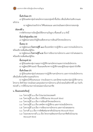 แนวทางการจัดการเรียนรู้แบบโครงงานเป็นฐาน 51
ขั้นสาเร็จผล (P)
1) ผู้เรียนแต่ละกลุ่มนาเสนอโครงงานของกลุ่มหน้าชั้นเรียน เพื่อนในห้องร่วมซักถามและ
อภิปราย
2) ครูผู้สอนร่วมอภิปราย ให้ข้อเสนอแนะ และประเมินผลงานโครงงานของกลุ่ม
สัปดาห์ที่ 6
การจัดกิจกรรมการเรียนรู้โดยใช้โครงงานเป็นฐาน (ขั้นตอนที่ 4-6) ดังนี้
ขั้นนาเข้าสู่บทเรียน (M)
1) ครูผู้สอนถามตอบกับผู้เรียนเพื่อทบทวนการเขียนเค้าโครงของโครงงาน
ขั้นสอน (I)
1) ครูผู้สอนแจกใบความรู้ที่ 4.4 เรื่องเทคนิคการปฏิบัติงาน และการประเมินโครงงาน
พร้อมอธิบายเพิ่มเติมแก่ผู้เรียน
2) ครูผู้สอนแจกใบความรู้ที่ 4.5 เรื่องการเขียนรายงานโครงงาน และการนาเสนอผลงาน
พร้อมอธิบายเพิ่มเติมแก่ผู้เรียน
ขั้นประยุกต์ (A)
1) ผู้เรียนแต่ละกลุ่มวางแผนการปฏิบัติงานตามโครงงานและการประเมินโครงงาน
2) ครูผู้สอนให้คาแนะนา ชี้แนะและสังเกตการปฏิบัติงานของผู้เรียนทุกกลุ่มอย่างใกล้ชิด
ขั้นสาเร็จผล (P)
1) ผู้เรียนแต่ละกลุ่มนาเสนอแผนการปฏิบัติงานตามโครงงาน และการประเมินโครงงาน
เพื่อนในห้องร่วมซักถามและอภิปราย
2) ครูผู้สอนให้ข้อเสนอแนะ ประเมินผลงาน และนัดหมายแต่ละกลุ่มปฏิบัติงานตาม
โครงงาน จัดทาสรุป ประเมินผล และรูปเล่มรายงานโครงงาน แล้วนาเสนอในสัปดาห์ที่ 12 ร่วมกับ
หน่วยที่ 6 การใช้โปรแกรมการนาเสนอผลงานในงานอาชีพ
6. สื่อและแหล่งเรียนรู้
6.1 ใบความรู้ที่ 4.1 เรื่อง โปรแกรมประมวลผลคา
6.2 ใบความรู้ที่ 4.2 เรื่อง การใช้โปรแกรม Microsoft Word
6.3 ใบความรู้ที่ 4.3 เรื่อง การเขียนเค้าโครงของโครงงาน
6.4 ใบความรู้ที่ 4.4 เรื่อง เทคนิคการปฏิบัติงาน และการประเมินโครงงาน
6.5 ใบความรู้ที่ 4.5 เรื่อง การเขียนรายงานโครงงาน และการนาเสนอผลงาน
6.6 ใบงานที่ 4.1 เรื่อง การจัดพิมพ์เอกสารด้วยโปรแกรม Microsoft Word
6.7 ใบมอบหมายงานที่ 4.1 เรื่อง โครงงานผลิตเอกสารในงานอาชีพด้วยโปรแกรม
Microsoft Word
 