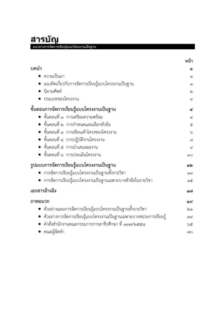 สำรบัญ
แนวทางการจัดการเรียนรู้แบบโครงงานเป็นฐาน
หน้า
บทนา 1
 ความเป็นมา 1
 แนวคิดเกี่ยวกับการจัดการเรียนรู้แบบโครงงานเป็นฐาน 1
 นิยามศัพท์ 2
 ประเภทของโครงงาน 3
ขั้นตอนการจัดการเรียนรู้แบบโครงงานเป็นฐาน 4
 ขั้นตอนที่ 1 การเตรียมความพร้อม 4
 ขั้นตอนที่ 2 การกาหนดและเลือกหัวข้อ 5
 ขั้นตอนที่ 3 การเขียนเค้าโครงของโครงงาน 6
 ขั้นตอนที่ 4 การปฏิบัติงานโครงงาน 8
 ขั้นตอนที่ 5 การนาเสนอผลงาน 9
 ขั้นตอนที่ 6 การประเมินโครงงาน 10
รูปแบบการจัดการเรียนรู้แบบโครงงานเป็นฐาน 12
 การจัดการเรียนรู้แบบโครงงานเป็นฐานทั้งรายวิชา 13
 การจัดการเรียนรู้แบบโครงงานเป็นฐานเฉพาะบางหัวข้อในรายวิชา 15
เอกสารอ้างอิง 17
ภาคผนวก 19
 ตัวอย่างแผนการจัดการเรียนรู้แบบโครงงานเป็นฐานทั้งรายวิชา 21
 ตัวอย่างการจัดการเรียนรู้แบบโครงงานเป็นฐานเฉพาะบางหน่วยการเรียนรู้ 39
 คาสั่งสานักงานคณะกรรมการการอาชีวศึกษา ที่ 137/2558 65
 คณะผู้จัดทา 70
 