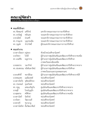 64 แนวทางการจัดการเรียนรู้แบบโครงงานเป็นฐาน
คณะผู้จัดทำ
แนวทางการจัดการเรียนรู้แบบโครงงานเป็นฐาน
 คณะที่ปรึกษา
ดร. ชัยพฤกษ์ เสรีรักษ์ เลขาธิการคณะกรรมการการอาชีวศึกษา
ดร. อกนิษฐ์ คลังแสง รองเลขาธิการคณะกรรมการการอาชีวศึกษา
นายวณิชย์ อ่วมศรี รองเลขาธิการคณะกรรมการการอาชีวศึกษา
ดร. ชาญเวช บุญประเดิม รองเลขาธิการคณะกรรมการการอาชีวศึกษา
ดร. บุญส่ง จาปาโพธิ์ ผู้ช่วยเลขาธิการคณะกรรมการการอาชีวศึกษา
 คณะทางาน
นางสาววัลลภา อยู่ทอง หัวหน้าหน่วยศึกษานิเทศก์
นายวิทยา ใจวิถี ผู้อานวยการศูนย์ส่งเสริมและพัฒนาอาชีวศึกษาภาคเหนือ
ดร. มนต์ชัย มนูธาราม ผู้อานวยการศูนย์ส่งเสริมและพัฒนาอาชีวศึกษา
ภาคตะวันออกเฉียงเหนือ
นายสมชาย วณารักษ์ ผู้อานวยการศูนย์ส่งเสริมและพัฒนาอาชีวศึกษาภาคกลาง
ดร. ผ่องพรรณ จรัสจินดารัตน์ ผู้อานวยการศูนย์ส่งเสริมและพัฒนาอาชีวศึกษา
ภาคตะวันออกและกรุงเทพมหานคร
นายจงศักดิ์ ทยานิธิกุล ผู้อานวยการศูนย์ส่งเสริมและพัฒนาอาชีวศึกษาภาคใต้
นายพนมพร แฉล้มเขตต์ หน่วยศึกษานิเทศก์
นางสาวปิยวีร จุติพงษ์รักษา หน่วยศึกษานิเทศก์
ดร. ประพนธ์ จุนทวิเทศ หน่วยศึกษานิเทศก์
ดร. จรูญ เตชะเจริญกิจ ศูนย์ส่งเสริมและพัฒนาอาชีวศึกษาภาคกลาง
นายสุธี โรจน์บุญถึง ศูนย์ส่งเสริมและพัฒนาอาชีวศึกษาภาคกลาง
นางสุดสาย ศรีศักดา ศูนย์ส่งเสริมและพัฒนาอาชีวศึกษาภาคเหนือ
นางสาวโสภี นิลรักษ์ หน่วยศึกษานิเทศก์
นางวิยดา วัฒนาเมธี หน่วยศึกษานิเทศก์
นายชาตรี ชนานาฎ หน่วยศึกษานิเทศก์
นางสาวโสภิดา ลิ้มวัฒนาพันธ์ หน่วยศึกษานิเทศก์
 