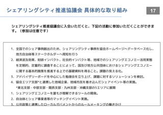 17
1. 全国でのシェア事例創出のため、シェアリングシティ事例を協会ホームページへデータベース化し、
地方自治体等ステークホルダーへ周知を行う
2. 経済波及効果、財政インパクト、社会的インパクト等、地域でのシェアリングエコノミー活用実態
を定期的、定量的に調査することによって、国及び地方公共団体におけるシェアリングエコノミー
に関する基本的施策を推進する上での基礎資料を得ること。課題の見える化。
3. アドバイザリーボードを中心にした勉強会を立ち上げ、課題に対するソリューションを検討。
4. 協会エリア支部*と連携した地域企業、地域市民を巻き込んだシェアイベント等の実施。
*東北支部・中部支部・関西支部・九州支部・沖縄支部の5エリアに展開
1. シェアリングエコノミーを誰もが理解できるツールの開発。
2. 自治体とシェア事業者等のマッチングイベント実施。
3. 公共政策と連携したローカルガバメントからのルールメーキングの働きかけ
シェアリングシティ推進協議会 具体的な取り組み
シェアリングシティ推進協議会に入会いただくと、下記の活動に参加いただくことができま
す。（参加は任意です）
 