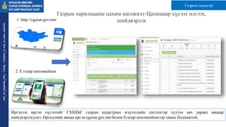 ᠠᠷᠤᠬᠠᠩᠭᠠᠢ
ᠠᠶᠢᠮᠠᠭ ᠤᠨ
ᠭᠠᠵᠠᠷ ᠤᠨ
ᠬᠠᠷᠢᠯᠴᠠᠭ
ᠠ᠂
ᠪᠠᠷᠢᠯᠭ
ᠠ᠂
ᠬᠣᠲᠠ
ᠪᠠᠶᠢᠭᠤᠯᠤᠯᠲᠠ ᠶᠢᠨ
ᠭᠠᠵᠠᠷ
Газрын харилцааны цахим шилжилт-Цахимаар хүсэлт илгээх,
шийдвэрлэх
1. http://egazar.gov.mn/
2. E газар аппликейшн
Иргэдээс ирсэн хүсэлтийг ГХБХБГ газрын кадастрын мэдээллийн системээр хүлээн авч дараах явцаар
шийдвэрлэгдэнэ. Өргөдлийн явцаа иргэн egazar.gov.mn болон Егазар аппликейшнээр хянах боломжтой.
Газрын кадастр
 