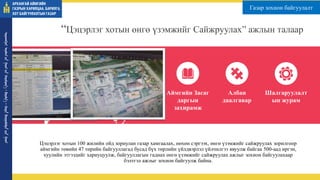 “Цэцэрлэг хотын өнгө үзэмжийг Сайжруулах” ажлын талаар
Аймгийн Засаг
даргын
захирамж
Албан
даалгавар
Шалгаруулалт
ын журам
Цэцэрлэг хотын 100 жилийн ойд зориулан газар хамгаалах, нөхөн сэргээх, өнгө үзэмжийг сайжруулах зорилгоор
аймгийн төвийн 47 төрийн байгууллагад бусад бүх төрлийн үйлдвэрлэл үйлчилгээ явуулж байгаа 500-аад иргэн,
хуулийн этгээдийг хариуцуулж, байгууллагын гаднах өнгө үзэмжийг сайжруулах ажлыг зохион байгуулахаар
бэлтгэл ажлыг зохион байгуулж байна.
ᠠᠷᠤᠬᠠᠩᠭᠠᠢ
ᠠᠶᠢᠮᠠᠭ ᠤᠨ
ᠭᠠᠵᠠᠷ ᠤᠨ
ᠬᠠᠷᠢᠯᠴᠠᠭ
ᠠ᠂
ᠪᠠᠷᠢᠯᠭ
ᠠ᠂
ᠬᠣᠲᠠ
ᠪᠠᠶᠢᠭᠤᠯᠤᠯᠲᠠ ᠶᠢᠨ
ᠭᠠᠵᠠᠷ
Газар зохион байгуулалт
 