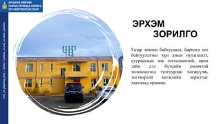 Газар зохион байгуулалт, барилга хот
байгуулалтыг хүн амын нутагшилт,
суурьшлын зөв тогтолцоотой, орон
зайн дэд бүтцийн оновчтой
төлөвлөлтөд тулгуурлан хөгжүүлж,
тогтвортой хөгжлийн зорилтыг
хангахад оршино.
ЭРХЭМ
ЗОРИЛГО
ᠠᠷᠤᠬᠠᠩᠭᠠᠢ
ᠠᠶᠢᠮᠠᠭ ᠤᠨ
ᠭᠠᠵᠠᠷ ᠤᠨ
ᠬᠠᠷᠢᠯᠴᠠᠭ
ᠠ᠂
ᠪᠠᠷᠢᠯᠭ
ᠠ᠂
ᠬᠣᠲᠠ
ᠪᠠᠶᠢᠭᠤᠯᠤᠯᠲᠠ ᠶᠢᠨ
ᠭᠠᠵᠠᠷ
 