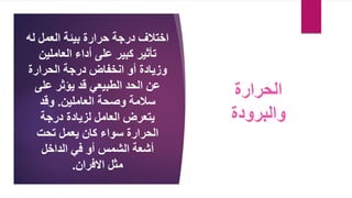 ‫ل‬ ‫العمل‬ ‫بيئة‬ ‫حرارة‬ ‫درجة‬ ‫اختالف‬
‫ه‬
‫العاملين‬ ‫أداء‬ ‫على‬ ‫كبير‬ ‫تأثير‬
‫الحرارة‬ ‫درجة‬ ‫انخفاض‬ ‫أو‬ ‫وزيادة‬
‫على‬ ‫يؤثر‬ ‫قد‬ ‫الطبيعي‬ ‫الحد‬ ‫عن‬
‫العاملين‬ ‫وصحة‬ ‫سالمة‬
.
‫وقد‬
‫درجة‬ ‫لزيادة‬ ‫العامل‬ ‫يتعرض‬
‫سواء‬ ‫الحرارة‬
‫تحت‬ ‫يعمل‬ ‫كان‬
‫في‬ ‫أو‬ ‫الشمس‬ ‫أشعة‬
‫الداخل‬
‫مثل‬
‫االفران‬
.
‫الحرارة‬
‫والبرودة‬
 