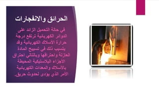 ‫واالنفجارات‬ ‫الحرائق‬
‫على‬ ‫الزائد‬ ‫التحميل‬ ‫حالة‬ ‫في‬
‫الكهربائية‬ ‫الدوائر‬
‫درج‬ ‫ترتفع‬
‫ة‬
‫حرارة‬
‫الكهربائية‬ ‫األسالك‬
‫وقد‬
‫في‬ ‫ذلك‬ ‫يتسبب‬
‫المادة‬ ‫تسييح‬
‫وبالتالي‬ ‫واحتراقها‬ ‫العازلة‬
‫احتر‬
‫اق‬
‫المحيطة‬ ‫البالستيكية‬ ‫األجزاء‬
‫باألسالك‬
‫الكهربائية‬ ‫والمعدات‬
‫الذي‬ ‫األمر‬
‫حريق‬ ‫لحدوث‬ ‫يؤدى‬
.
 