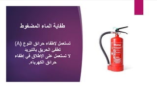 ‫المضغوط‬ ‫الماء‬ ‫طفاية‬
‫حرائق‬ ‫إلطفاء‬ ‫تستعمل‬
‫النوع‬
(
(A
‫بالتبريد‬ ‫الحريق‬ ‫تطفئ‬
‫إطف‬ ‫في‬ ‫اإلطالق‬ ‫على‬ ‫تستعمل‬ ‫ال‬
‫اء‬
‫الكهرباء‬ ‫حرائق‬
.
 