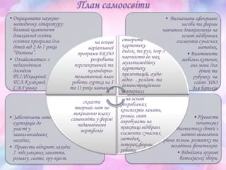 • Провести
початкову
діагностику дітей з
метою виявлення
рівня пізнав. розвитку та
володіння фонетикою.
• Відвідати групові
батьківські збори.
• Забезпечити готовність
гуртківців до
участі у
загальносадових
заходах.
• Провести відкриті заходи:
2 підсумкових заняття,
розвагу, свято, гру-квест.
• Визначити ефективні
засоби та форми
навчання дошкільників на
основі відібраних
елементів сучасних
методик.
• Виготовити
мобільн.куточок
анг.мови для
дітей та
рубрику на
сайті ЗДО
для батьків
• Опрацювати науково-
методичну літературу:
базовий компонент
дошкільної освіти,
освітня програма для
дітей від 2 до 7 років
“Дитина”.
• Ознайомитись з
педагогічним
досвідом
Т.І.Шкваріної,
Ш.А.Кулікової,
С.В.Гунько
на основі
варіативної
програми БКДО
розробити
перспективний та
календарно-
тематичний план
роботи гуртка на І
та ІІ роки навчання
створити
картотеку
дидак. та рух. ігор з
наочністю до них,
мультимедійну
картотеку
презентацій, аудіо-
відео- , роздат. та
демонстраційного
матеріалу
на основі
розроблених
конспектів занять,
розваг, свят
апробувати на
практиці відібрані
елементи сучасних
методик,
інтерак.форми
роботи
скласти
творчий звіт по
виконанню плану
самоосвіти у формі
педагогічного
портфоліо
 