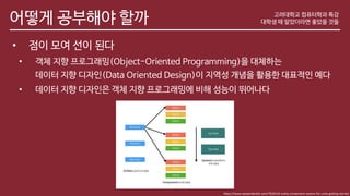 어떻게 공부해야 할까
• 점이 모여 선이 된다
• 객체 지향 프로그래밍(Object-Oriented Programming)을 대체하는
데이터 지향 디자인(Data Oriented Design)이 지역성 개념을 활용한 대표적인 예다
• 데이터 지향 디자인은 객체 지향 프로그래밍에 비해 성능이 뛰어나다
고려대학교 컴퓨터학과 특강
대학생 때 알았더라면 좋았을 것들
https://www.raywenderlich.com/7630142-entity-component-system-for-unity-getting-started
 