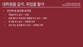 대학원을 갈까, 취업을 할까
• 간단하게 정리해 보자면
• 개발을 하고 싶다 → 취업
• 돈을 벌어서 여유로운 생활을 하고 싶다 → 취업
• 연구를 하고 싶다 → 대학원 진학
• 깊이 있는 공부를 하고 싶다 → 대학원 진학
고려대학교 컴퓨터학과 특강
대학생 때 알았더라면 좋았을 것들
 