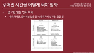 주어진 시간을 어떻게 써야 할까 고려대학교 컴퓨터학과 특강
대학생 때 알았더라면 좋았을 것들
• 중요한 일을 먼저 하자
• 중요하지만, 급하지는 않은 일 vs 중요하지 않지만, 급한 일
https://gradschoolstory.net/yoonsup/time-management/
 