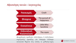 Αξιοποίηση ταινιών - λογοτεχνίας
Διοργάνωση ομαδικών συζητήσεων, ή συζητήσεων
στρογγυλής τραπέζης για διάφορα επίκαιρα
κοινωνικά θέματα στις οποίες οι μαθητές/τριες
Ρατσισμός Crash
Φτώχεια
The pursuit of
happyness
Οικογένεια
Little Miss
Sunshine
Σεξουαλική
Κακοποίηση
The room
 