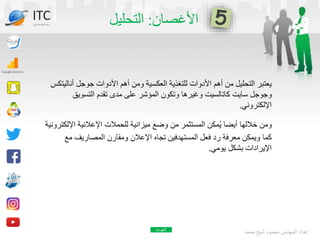 ‫األغصان‬
:
‫التحليل‬
‫محمد‬ ‫شيخ‬ ‫محمود‬ ‫المهندس‬ ‫إعداد‬
ITC
‫الدولي‬ ‫تكنولوجيا‬ ‫مركز‬
‫جوجل‬ ‫األدوات‬ ‫أهم‬ ‫ومن‬ ‫العكسية‬ ‫للتغذية‬ ‫األدوات‬ ‫أهم‬ ‫من‬ ‫التحليل‬ ‫يعتبر‬
‫أنا‬
‫ليتكس‬
‫وجوجل‬
‫سايت‬
‫كاتالسيت‬
‫التسويق‬ ‫تقدم‬ ‫مدى‬ ‫على‬ ‫المؤشر‬ ‫وتكون‬ ‫وغيرها‬
‫اإللكتروني‬
.
‫اإل‬ ‫اإلعالنية‬ ‫للحمالت‬ ‫ميزانية‬ ‫وضع‬ ‫من‬ ‫المستثمر‬ ‫مكن‬ُ‫ي‬ ‫أيضا‬ ‫خاللها‬ ‫ومن‬
‫لكترونية‬
‫مع‬ ‫المصاريف‬ ‫ومقارن‬ ‫اإلعالن‬ ‫تجاه‬ ‫المستهدفين‬ ‫فعل‬ ‫رد‬ ‫معرفة‬ ‫ويمكن‬ ‫كما‬
‫يومي‬ ‫بشكل‬ ‫اإليرادات‬
.
‫العودة‬
 