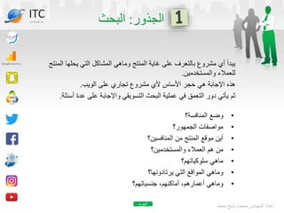 ‫الم‬ ‫يحلها‬ ‫التي‬ ‫المشاكل‬ ‫وماهي‬ ‫المنتج‬ ‫غاية‬ ‫على‬ ‫بالتعرف‬ ‫مشروع‬ ‫أي‬ ‫يبدأ‬
‫نتج‬
‫والمستخدمين‬ ‫للعمالء‬
.
‫الويب‬ ‫على‬ ‫تجاري‬ ‫مشروع‬ ‫ألي‬ ‫األساس‬ ‫حجر‬ ‫هي‬ ‫اإلجابة‬ ‫هذه‬
.
‫أسئ‬ ‫عدة‬ ‫على‬ ‫واإلجابة‬ ‫التسويقي‬ ‫البحث‬ ‫عملية‬ ‫في‬ ‫التعمق‬ ‫دور‬ ‫يأتي‬ ‫ثم‬
‫لة‬
.
‫محمد‬ ‫شيخ‬ ‫محمود‬ ‫المهندس‬ ‫إعداد‬
•
‫المنافسة؟‬ ‫وضع‬
•
‫الجمهور؟‬ ‫مواصفات‬
•
‫المنافسين؟‬ ‫من‬ ‫المنتج‬ ‫موقع‬ ‫أين‬
•
‫والمستخدمين؟‬ ‫العمالء‬ ‫هم‬ ‫من‬
•
‫سلوكياتهم؟‬ ‫ماهي‬
•
‫يرتادونها؟‬ ‫التي‬ ‫المواقع‬ ‫وماهي‬
•
‫جنسياتهم؟‬ ،‫أماكنهم‬ ،‫أعمارهم‬ ‫وماهي‬
ITC
‫الدولي‬ ‫تكنولوجيا‬ ‫مركز‬
‫العودة‬
 