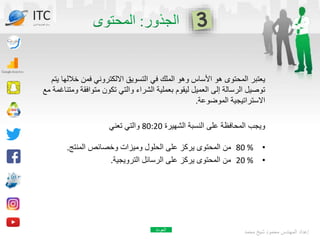 ‫خال‬ ‫فمن‬ ‫االلكتروني‬ ‫التسويق‬ ‫في‬ ‫الملك‬ ‫وهو‬ ‫األساس‬ ‫هو‬ ‫المحتوى‬ ‫يعتبر‬
‫يتم‬ ‫لها‬
‫متوافق‬ ‫تكون‬ ‫والتي‬ ‫الشراء‬ ‫بعملية‬ ‫ليقوم‬ ‫العميل‬ ‫إلى‬ ‫الرسالة‬ ‫توصيل‬
‫مع‬ ‫ومتناغمة‬ ‫ة‬
‫الموضوعة‬ ‫االستراتيجية‬
.
‫الشهيرة‬ ‫النسبة‬ ‫على‬ ‫المحافظة‬ ‫ويجب‬
80:20
‫تعني‬ ‫والتي‬
‫محمد‬ ‫شيخ‬ ‫محمود‬ ‫المهندس‬ ‫إعداد‬
•
80 %
‫المنتج‬ ‫وخصائص‬ ‫وميزات‬ ‫الحلول‬ ‫على‬ ‫يركز‬ ‫المحتوى‬ ‫من‬
.
•
20 %
‫الترويجية‬ ‫الرسائل‬ ‫على‬ ‫يركز‬ ‫المحتوى‬ ‫من‬
.
ITC
‫الدولي‬ ‫تكنولوجيا‬ ‫مركز‬
‫العودة‬
 