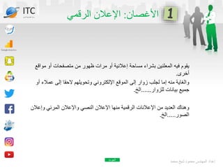 ‫األغصان‬
:
‫الرقمي‬ ‫اإلعالن‬
‫م‬ ‫أو‬ ‫متصفحات‬ ‫من‬ ‫ظهور‬ ‫مرات‬ ‫أو‬ ‫إعالنية‬ ‫مساحة‬ ‫بشراء‬ ‫المعلنين‬ ‫فيه‬ ‫يقوم‬
‫واقع‬
‫أخرى‬
.
‫عمال‬ ‫إلى‬ ‫الحقا‬ ‫وتحويلهم‬ ‫اإللكتروني‬ ‫الموقع‬ ‫إلى‬ ‫زوار‬ ‫لجلب‬ ‫إما‬ ‫منه‬ ‫والغاية‬
‫أو‬ ‫ء‬
‫للزوار‬ ‫بيانات‬ ‫جميع‬
......
‫الخ‬
.
‫وإع‬ ‫المرئي‬ ‫واإلعالن‬ ‫النصي‬ ‫اإلعالن‬ ‫منها‬ ‫الرقمية‬ ‫اإلعالنات‬ ‫من‬ ‫العديد‬ ‫وهناك‬
‫الن‬
‫الصور‬
.....
‫الخ‬
.
‫محمد‬ ‫شيخ‬ ‫محمود‬ ‫المهندس‬ ‫إعداد‬
ITC
‫الدولي‬ ‫تكنولوجيا‬ ‫مركز‬
‫العودة‬
 