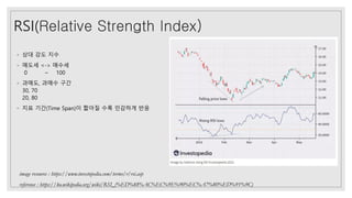 RSI(Relative Strength Index)
◦ 상대 강도 지수
◦ 매도세 <-> 매수세
0 ~ 100
◦ 과매도, 과매수 구간
30, 70
20, 80
◦ 지표 기간(Time Span)이 짧아질 수록 민감하게 ...