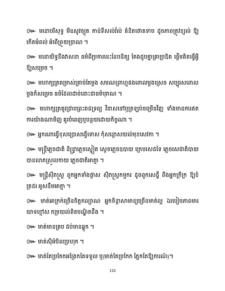 115
៚ ម្សនាបរិេុទធ ម្ិនេូវរយុត កាន់ទីេ ់វ ា ់ គំនិតសថាតទាប ែូរភាពគ្តូវខ្យ ់ ឱ្យ
សក្ើតអ្ំព ់ អ្ំសពើគ្ពួ គ្ោណ ។
៚ ម្សនា ិទធនឹងវាេនា ធ្ម្ាពីគ្បការសនះដនបនិតយ ដតងជួបគា
ន គ្គាគ្បឌ្ិត សផែើម្គិតសធ្ើវអ្វី
ឱ្យេសគ្ម្រ ។
៚ ម្ហាក្េគ្តតគ្មាេ់គ្តាប់ដតម្ែង េម្ណគ្ោ ោផងសោ ម្ែងសគ្េរ េបបុរេសោ
ម្ែងក្៏េសគ្ម្រ ធ្ម្ាដែ ោរ់សនាះជាធ្ម្ាបុរាណ ។
៚ ម្ហាក្េគ្តគួរគ្ជាបគ្ពះរាជគ្ទពយ វិនាេសៅឬគ្ត ប់រសគ្ម្ើនវិញ ទាំងមានការឥត
ការយ៉
ា ងណាម្ិញ គួរបំសពញឬបនថ សោ ក្ិរចណា ។
៚ អ្នក្ណាសធ្ើវខ្ុេសគ្ោេសធ្ើវសទាេ ក្ុំេសនា
ែ េ ់ម្ុខ្សេវកា ។
៚ ម្្នតីស្លរជាតិ និ្នា
ទ ស្លរសេនៀត សេែរស្លរឧោ សគ្ក្បរេែនទ ស្លររេជាតិោ
ោនោ្គ្េួ កា ស្លរជាតិអាតា
ោ ។
៚ ម្្នតីេុីរា្េត ពួក្អ្នក្ទាំងផ្ក
ែ េ េុីរា្េតក្ម្ោក្រ ែូរពួក្សេែាី ពឹងអ្នក្គ្ក្ីគ្ក្ ឱ្យខ្ំ
គ្តែរ អ្ូេនឹម្អាតា
ោ ។
៚ មាត់អាគ្ក្ក្់សគ្រើនរិតតក្ ាណ អ្នក្រិនា
ែ ស្គមានយសគ្រើនមាត់ អ ឯរសបៀបភាពមារ
យ៉ទសម
ោ េ ក្គ្ម្ ់ពិតបណ
ឌិ តែឹង ។
៚ មាត់មានគ្គប ែប់មានេនុក្ ។
៚ មាត់េុីអ្ំបិ គ្ប ុក្ ។
៚ មាត់ដតគ្បដក្ក្អ្ដគ្ងក្ដតទទួ ឬ(មាត់ដតគ្បដក្ក្ ដ្នក្ដតឱ្យការណ
៍ )។
 