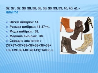 37, 37 , 37, 38, 38, 38, 38, 38, 39, 39, 39, 40, 40, 41 –
ВИБІРКА
 Об’єм вибірки: 14.
 Розмах вибірки: 41-37=4.
 Мода вибірки: 38.
 Медіана вибірки: 38.
 Середнє значення :
(37+37+37+38+38+38+38+38+
+39+39+39+40+40+41):14=38,5.
 