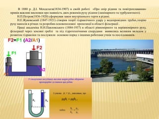 В 1880 р. Д.І. Менделеєв(1834-1907) в своїй роботі «Про опір рідини та повітроплавання»
привів важливі висновки про наявність двох режимів руху рідини (ламінарного та турбулентного).
Н.П.Петров(1836-1920) сформував закон внутрішнього тертя в рідині.
Н.Е.Жуковський (1847-1921) створив теорії гідравлічного удару у водопровідних трубах,теорію
руху наносів в річках та розробив основоположні пропозиції в області фільтрації .
Праці академіка Н.Н.Павловського (1884-1937) в області рівномірного та нерівномірного руху,
фільтрації через земляні греблі та під гідротехнічними спорудами виявились великим вкладом у
розвиток гідравліки та послужили основою поряд з іншими роботами учнів та послідовників.
 
