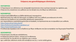 Ενέργειες και χρονοδιάγραμμα υλοποίησης
ΟΚΤΩΒΡΙΟΣ:
● Παρατήρηση των αδέσποτων και καταγραφή περιστατικών στην ευρύτερη περιοχή του σχολείου μας.
● Έρευνα στις οικογένειες των μαθητών για την άποψή τους στο θέμα των αδέσποτων.
ΝΟΕΜΒΡΙΟΣ:
● Δημιουργία βιβλιοθήκης με βιβλία φιλοζωικού περιεχομένου.
Φιλαναγνωσία στην τάξη και δανεισμός των βιβλίων από τους μαθητές για ανάγνωση στο σπίτι.
● Έρευνα στο διαδίκτυο για ιστοσελίδες φιλοζωικών οργανώσεων
που περισυλλέγουν εγκαταλελειμμένα ζώα συντροφιάς, τα περιποιούνται και τα προωθούν για υιοθεσία.
https://www.zeil.gr/index.php/el/
https://hellenicanimalwelfare.org/about-us/
https://www.hopeforpaws.org/
● Συλλογή φωτογραφιών από το διαδίκτυο με θέμα «άνθρωποι και ζώα συντροφιάς» και δημιουργία PowerPoint.
ΔΕΚΕΜΒΡΙΟΣ:
● Χειροτεχνίες σουπλά και σελιδοδείκτες.
● Παραγωγή γραπτού λόγου: ποίημα για τα αδέσποτα.
● Συνέντευξη του διευθυντή του σχολείου μας ο οποίος
έχει υιοθετήσει αδέσποτο σκύλο από καταφύγιο και ζει μ΄ αυτόν πολλά χρόνια.
 