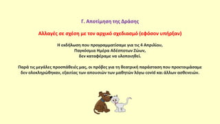 Γ. Αποτίμηση της Δράσης
Αλλαγές σε σχέση με τον αρχικό σχεδιασμό (εφόσον υπήρξαν)
Η εκδήλωση που προγραμματίσαμε για τις 4 Απριλίου,
Παγκόσμια Ημέρα Αδέσποτων Ζώων,
δεν καταφέραμε να υλοποιηθεί.
Παρά τις μεγάλες προσπάθειές μας, οι πρόβες για τη θεατρική παράσταση που προετοιμάσαμε
δεν ολοκληρώθηκαν, εξαιτίας των απουσιών των μαθητών λόγω covid και άλλων ασθενειών.
 