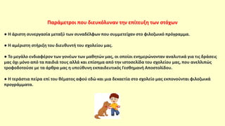 Παράμετροι που διευκόλυναν την επίτευξη των στόχων
● Η άριστη συνεργασία μεταξύ των συναδέλφων που συμμετείχαν στο φιλοζωικό πρόγραμμα.
● Η αμέριστη στήριξη του διευθυντή του σχολείου μας.
● Το μεγάλο ενδιαφέρον των γονέων των μαθητών μας, οι οποίοι ενημερώνονταν αναλυτικά για τις δράσεις
μας όχι μόνο από τα παιδιά τους αλλά και επίσημα από την ιστοσελίδα του σχολείου μας, που ανελλιπώς
τροφοδοτούσε με τα άρθρα μας η υπεύθυνη εκπαιδευτικός Γεσθημανή Αποστολίδου.
● Η τεράστια πείρα επί του θέματος αφού εδώ και μια δεκαετία στο σχολείο μας εκπονούνται φιλοζωικά
προγράμματα.
 