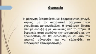 Θεραπεία
Η μόλυνση θεραπεύεται με φαρμακευτική αγωγή,
κυρίως με το αντιβιοτικό φάρμακο που
ονομάζεται μετρονιδαζάλη. Η αντιβίωση δίνεται
είτε με αλοιφή ή με κάψουλες από το στόμα. Η
θεραπεία αυτή εκριζώνει την τριχομονάδα με την
προϋπόθεση ότι θα ακολουθηθεί και από τον
ερωτικό σύντροφο για να εξαλειφθεί το
ενδεχόμενο επαναμόλυνσης.
 