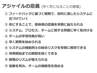 アジャイルの意義 (早く形になることの意義)
フィードバックに基づく開発で、⽬的に適したシステムに
近づけていく
形にすることで、関係者の認識を早期に揃えられる
システム、プロセス、チームに関する問題に早く気付ける
チームの学習効果が⾼い
早く開発を始められる
システムの機能同⼠の結合リスクを早期に解消できる
利⽤開始までの期間を短くできる
協働を育み、チームの機能性を⾼める
開発のリズムが整えられる
①
②
③
④
⑤
⑥
⑦
⑧
⑨
 