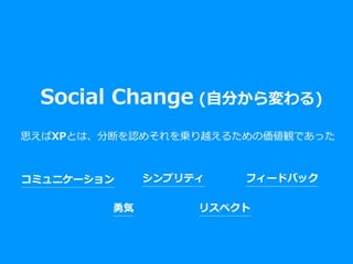 Social Change (⾃分から変わる)
思えばXPとは、分断を認めそれを乗り越えるための価値観であった
コミュニケーション シンプリティ フィードバック
勇気 リスペクト
 
