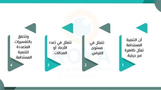 1
‫التنمية‬ ‫أن‬
‫المستدامة‬
‫ظاهرة‬ ‫تمث‬
‫جيلية‬ ‫عبر‬
.
2
‫في‬ ‫تتمث‬
‫مستوى‬
‫القياس‬
.
3
‫تعد‬ ‫في‬ ‫تتمث‬
‫د‬
‫أو‬ ‫األبعاد‬
‫المجاالت‬
.
4
‫وتتعلق‬
‫بالتفسيرات‬
‫المتعددة‬
‫للتنمية‬
‫المستدامة‬
.
 