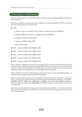 69
ПРИПУЩЕННЯ У РОЗРАХУНКАХ
На основі прогнозованого значення ВВП зроблено прогноз розвитку державних фінансів: доходів та
витрат Бюджету.
Цей прогноз зроблено з урахуванням запуску ліберальної податкової реформи «10-10-10», яка змінює
принципи оподаткування наступним чином:
2024
перехід з податку на прибуток 18% на податок на виведений капітал (ПнВК) 15%
перехід із ПДВ 20% на податок з роздрібних продажів (ПРП) 10%
скасування ЄСВ, військового збору
підвищення ПДФО з 18% до 20%
бруттизація зарплат
2025 – зниження ПнВК до 14% і ПДФО до 18%
2026 – зниження ПнВК до 13% і ПДФО до 16%
2027 – зниження ПнВК до 12% і ПДФО до 14%
2028 – зниження ПнВК до 11% і ПДФО до 12%
2029 – зниження ПнВК до 10% і ПДФО до 10%
Витрати Бюджету зафіксовані у абсолютних значеннях (грн) на рівні показників бюджету без реалі-
зації національних проєктів (трендовий прогноз ВВП). Виняток становить економічна діяльність, де
витрати, за нашими оцінками, будуть на 20-30% вищими починаючи з 2024 року, оскільки реалізація
національних проєктів потребуватиме часткового фінансування з Бюджету.
Витрати Бюджету не включають фінансування національних проєктів через фонди (фонди будуть по-
забюджетними та наповнюватимуться західним капіталом).
Результати моделювання вказують на те, що дефіцит бюджету буде відносно високим у перші роки.
Однак, по-перше, його рівень відповідає поточним (постковідним) рівням дефіциту у світі (США –
12,1% ВВП у 2021, ВБ – 8,1%, Італія – 7,2%, Франція – 6,5%) та значно нижче рівня дефіциту бюджету в
США під час Другої світової війни (12,4-26,9% у 1942-1945). По-друге, він дасть імпульс для економіч-
ного зростання.
Зазначимо, що розширення ролі держав і зростання бюджетних дефіцитів – це загалом глобальний
тренд, багато в чому зумовлений необхідністю потужної фіскальної відповіді на кризи, що почастіша-
ли у світовій економіці.
 
