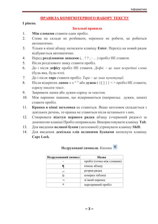 Інформатика
~ 3 ~
ПРАВИЛА КОМП’ЮТЕРНОГО НАБОРУ ТЕКСТУ
І рівень
Загальні правила
1. Між словами ставити один пробіл.
2. Сло...