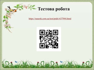 Тестова робота
https://naurok.com.ua/test/ptahi-637944.html
 