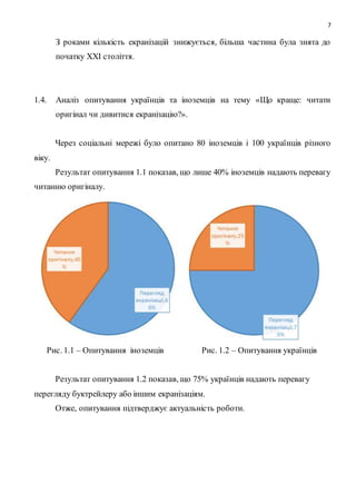 7
З роками кількість екранізацій знижується, більша частина була знята до
початку XXI століття.
1.4. Аналіз опитування українців та іноземців на тему «Що краще: читати
оригінал чи дивитися екранізацію?».
Через соціальні мережі було опитано 80 іноземців і 100 українців різного
віку.
Результат опитування 1.1 показав, що лише 40% іноземців надають перевагу
читанню оригіналу.
Рис. 1.1 – Опитування іноземців Рис. 1.2 – Опитування українців
Результат опитування 1.2 показав, що 75% українців надають перевагу
перегляду буктрейлеру або іншим екранізаціям.
Отже, опитування підтверджує актуальність роботи.
 
