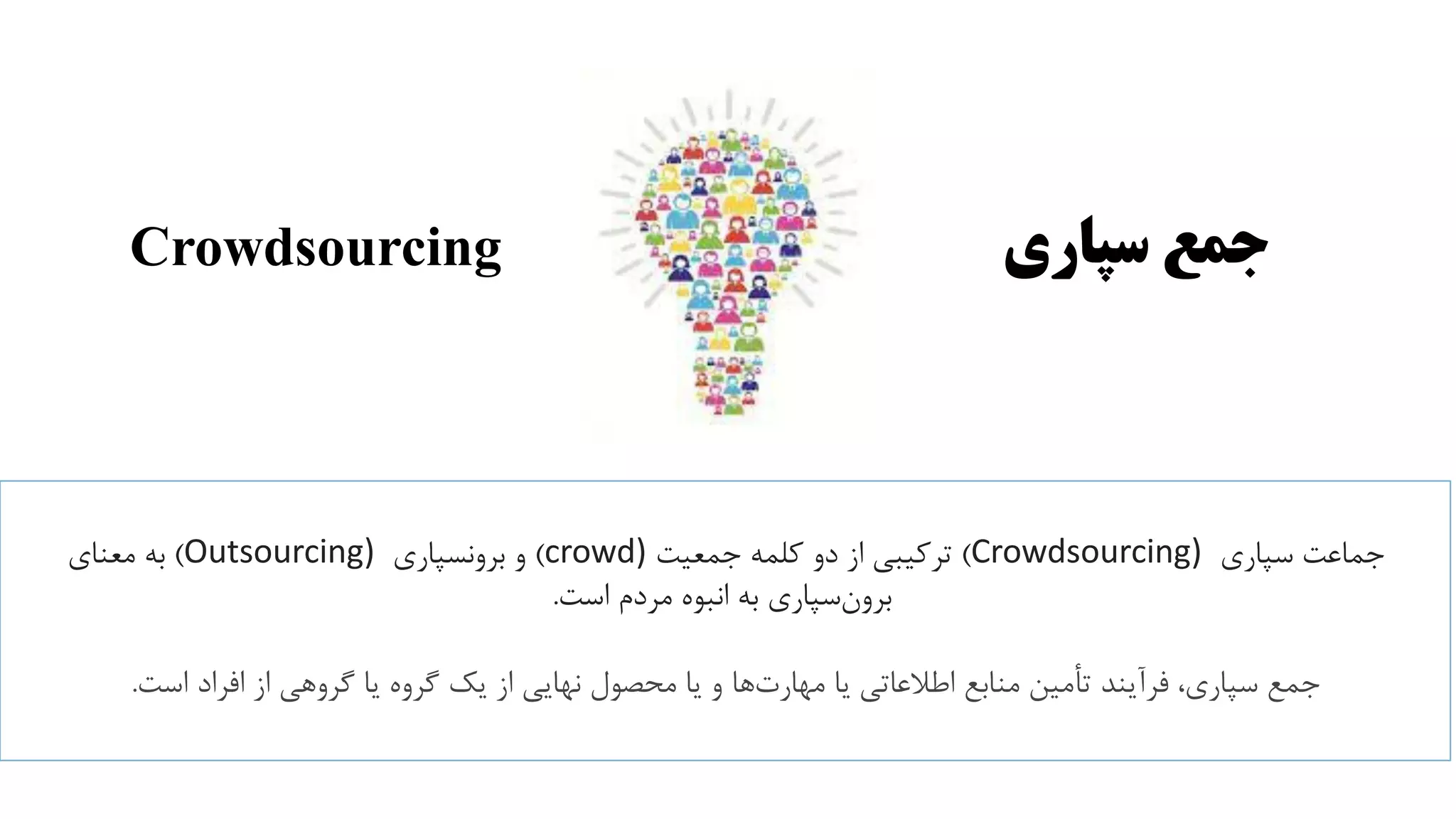 ‫سپاری‬ ‫جمع‬
‫سپاری‬ ‫جماعت‬
Crowdsourcing)
)
‫جمعیت‬ ‫کلمه‬ ‫دو‬ ‫از‬ ‫ترکیبی‬
crowd)
)
‫برونسپاری‬ ‫و‬
Outsourcing)
)
‫معنای‬ ‫به‬
‫است‬ ‫مردم‬ ‫انبوه‬ ‫به‬ ‫سپاری‬‫برون‬
.
‫است‬ ‫افراد‬ ‫از‬ ‫گروهی‬ ‫یا‬ ‫گروه‬ ‫یک‬ ‫از‬ ‫نهایی‬ ‫محصول‬ ‫یا‬ ‫و‬ ‫ها‬‫مهارت‬ ‫یا‬ ‫اطالعاتی‬ ‫منابع‬ ‫تأمین‬ ‫فرآیند‬ ،‫سپاری‬ ‫جمع‬
.
Crowdsourcing
 