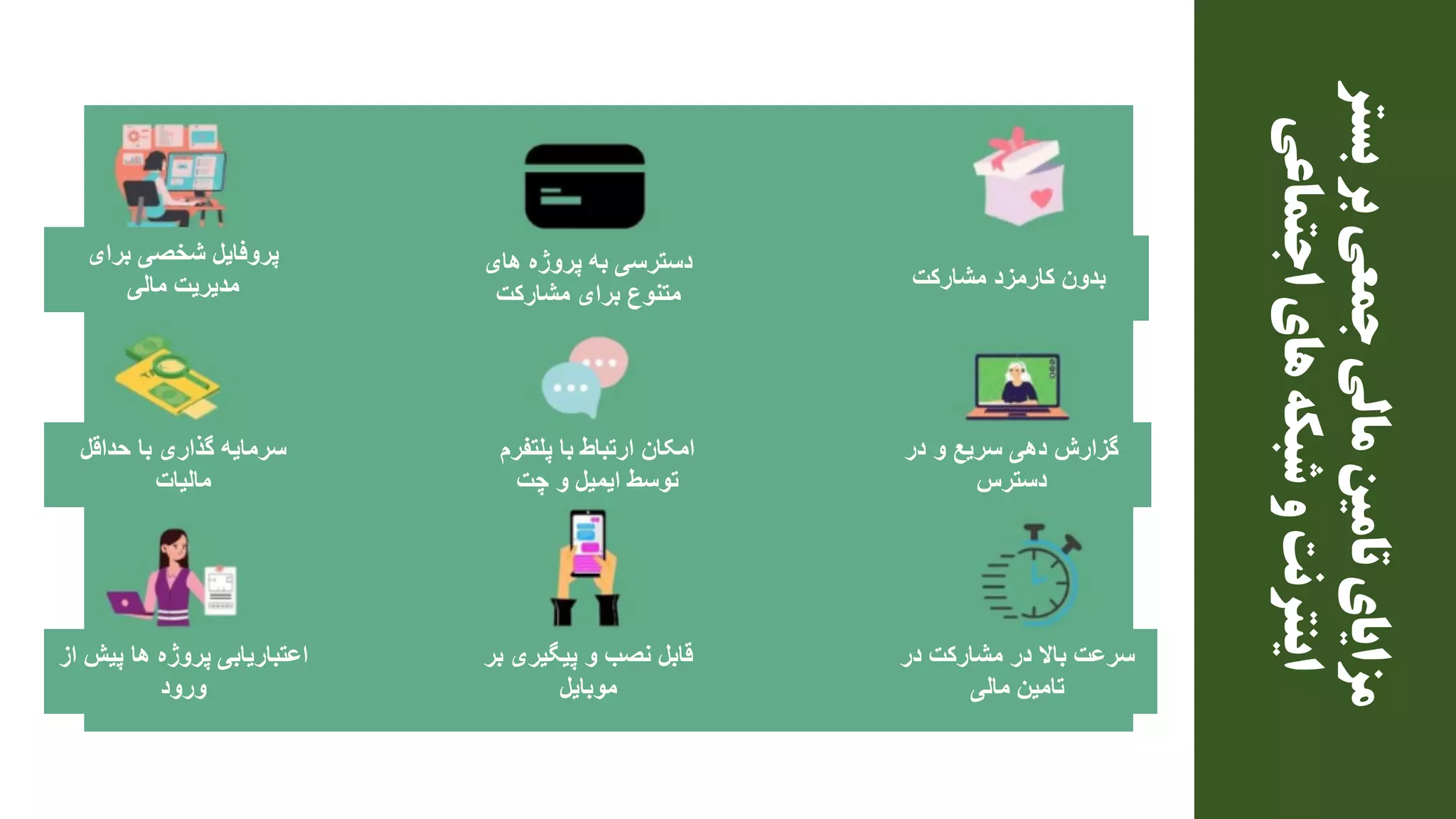 ‫برای‬ ‫شخصی‬ ‫پروفایل‬
‫مالی‬ ‫مدیریت‬
‫از‬ ‫پیش‬ ‫ها‬ ‫پروژه‬ ‫اعتباریابی‬
‫ورود‬
‫حداقل‬ ‫با‬ ‫گذاری‬ ‫سرمایه‬
‫مالیات‬
‫های‬ ‫پروژه‬ ‫به‬ ‫دسترسی‬
‫مشارکت‬ ‫برای‬ ‫متنوع‬
‫پلتفرم‬ ‫با‬ ‫ارتباط‬ ‫امکان‬
‫چت‬ ‫و‬ ‫ایمیل‬ ‫توسط‬
‫بر‬ ‫پیگیری‬ ‫و‬ ‫نصب‬ ‫قابل‬
‫موبایل‬
‫مشارکت‬ ‫کارمزد‬ ‫بدون‬
‫در‬ ‫و‬ ‫سریع‬ ‫دهی‬ ‫گزارش‬
‫دسترس‬
‫در‬ ‫مشارکت‬ ‫در‬ ‫باال‬ ‫سرعت‬
‫مالی‬ ‫تامین‬
‫بستر‬
‫بر‬
‫جمعی‬
‫مالی‬
‫تامین‬
‫مزایای‬
‫اجتماعی‬
‫های‬
‫شبکه‬
‫و‬
‫اینترنت‬
 