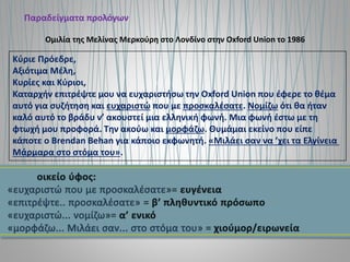 Παραδείγματα προλόγων
Κύριε Πρόεδρε,
Αξιότιμα Μέλη,
Κυρίες και Κύριοι,
Καταρχήν επιτρέψτε μου να ευχαριστήσω την Oxford Union που έφερε το θέμα
αυτό για συζήτηση και ευχαριστώ που με προσκαλέσατε. Νομίζω ότι θα ήταν
καλό αυτό το βράδυ ν’ ακουστεί μια ελληνική φωνή. Μια φωνή έστω με τη
φτωχή μου προφορά. Την ακούω και μορφάζω. Θυμάμαι εκείνο που είπε
κάποτε ο Brendan Behan για κάποιο εκφωνητή. «Μιλάει σαν να ’χει τα Ελγίνεια
Μάρμαρα στο στόμα του».
Ομιλία της Μελίνας Μερκούρη στο Λονδίνο στην Oxford Union το 1986
 