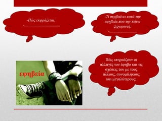 εφηβεία
-Τι συμβαίνει κατά την
εφηβεία που την κάνει
ξεχωριστή;
-...........................
-Πώς εκφράζεται;
-...................................
Πώς επηρεάζουν οι
αλλαγές τον έφηβο και τις
σχέσεις του με τους
άλλους, συνομίληκους
και μεγαλύτερους;
 
