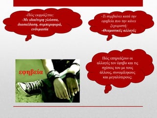 εφηβεία
-Τι συμβαίνει κατά την
εφηβεία που την κάνει
ξεχωριστή;
-Θεαματικές αλλαγές
-Πώς εκφράζεται;
-Με ιδιαίτερη γλώσσα,
διασκέδαση, συμπεριφορά,
ενδυμασία
Πώς επηρεάζουν οι
αλλαγές τον έφηβο και τις
σχέσεις του με τους
άλλους, συνομίληκους
και μεγαλύτερους;
 