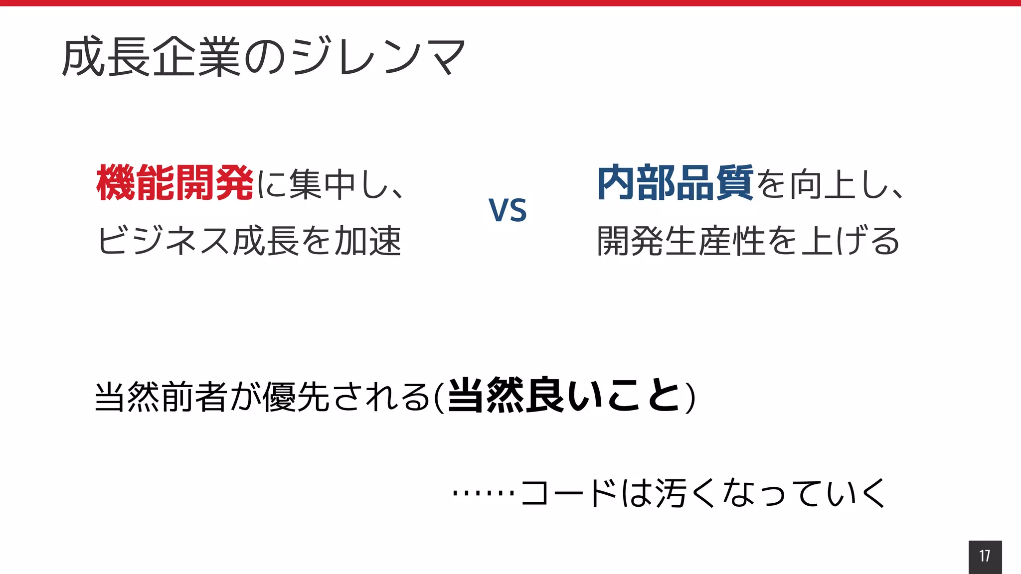 成長企業のジレンマ
17
機能開発に集中し、
ビジネス成長を加速
内部品質を向上し、
開発生産性を上げる
当然前者が優先される(当然良いこと)
……コードは汚くなっていく
VS
 